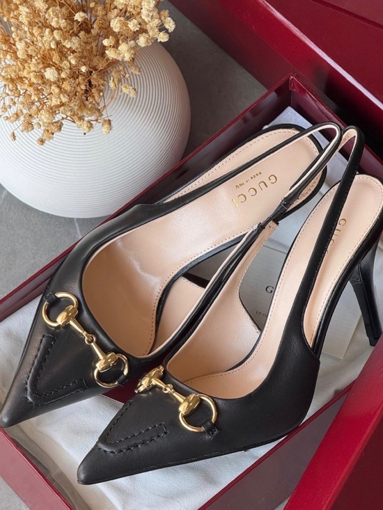 Gucci Shoes - Gucci Black Leather Horsebit Slingback Heels